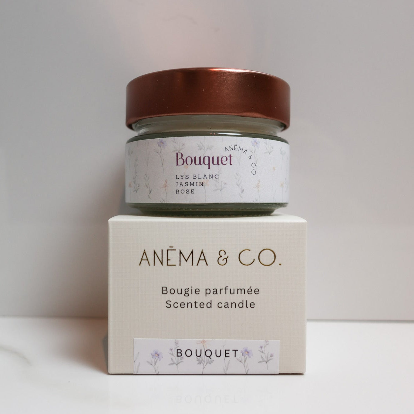 Bougie Bouquet ANÉMA & CO. en cire de noix de coco – parfum lys blanc, jasmin et rose